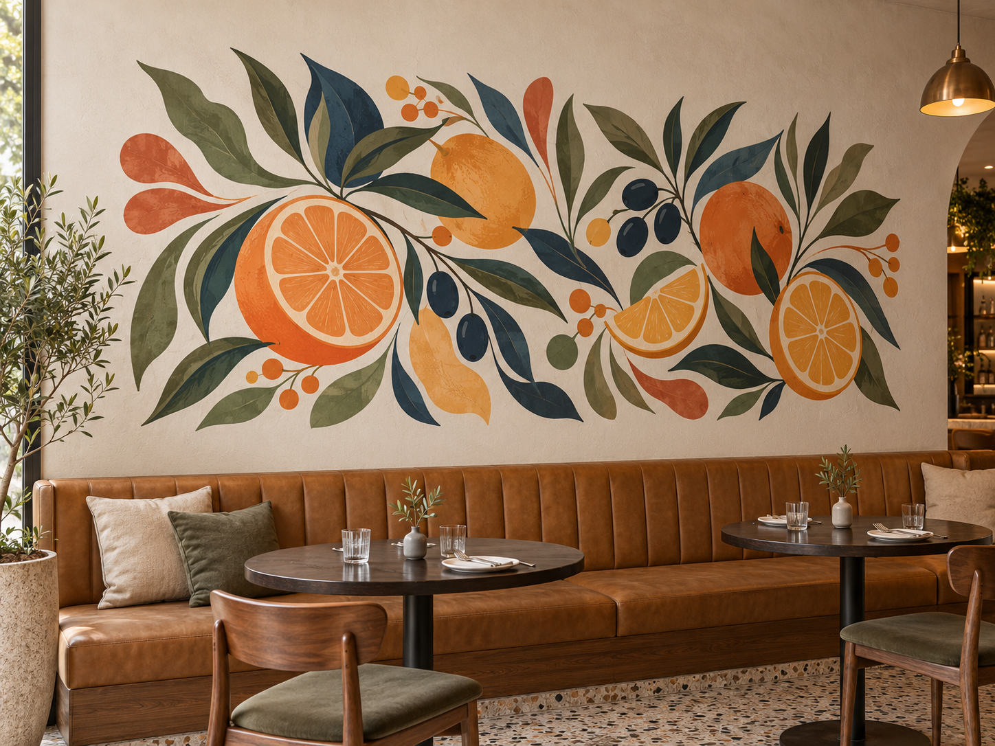 Restaurant concept with a citrus and botanical mural above caramel-colored banquette seating.