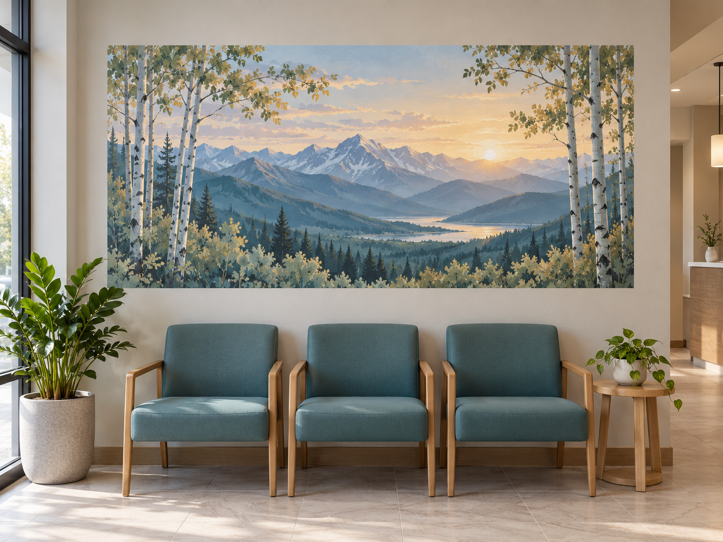 Dental waiting-room concept with a mountain-and-aspen mural above three teal chairs.