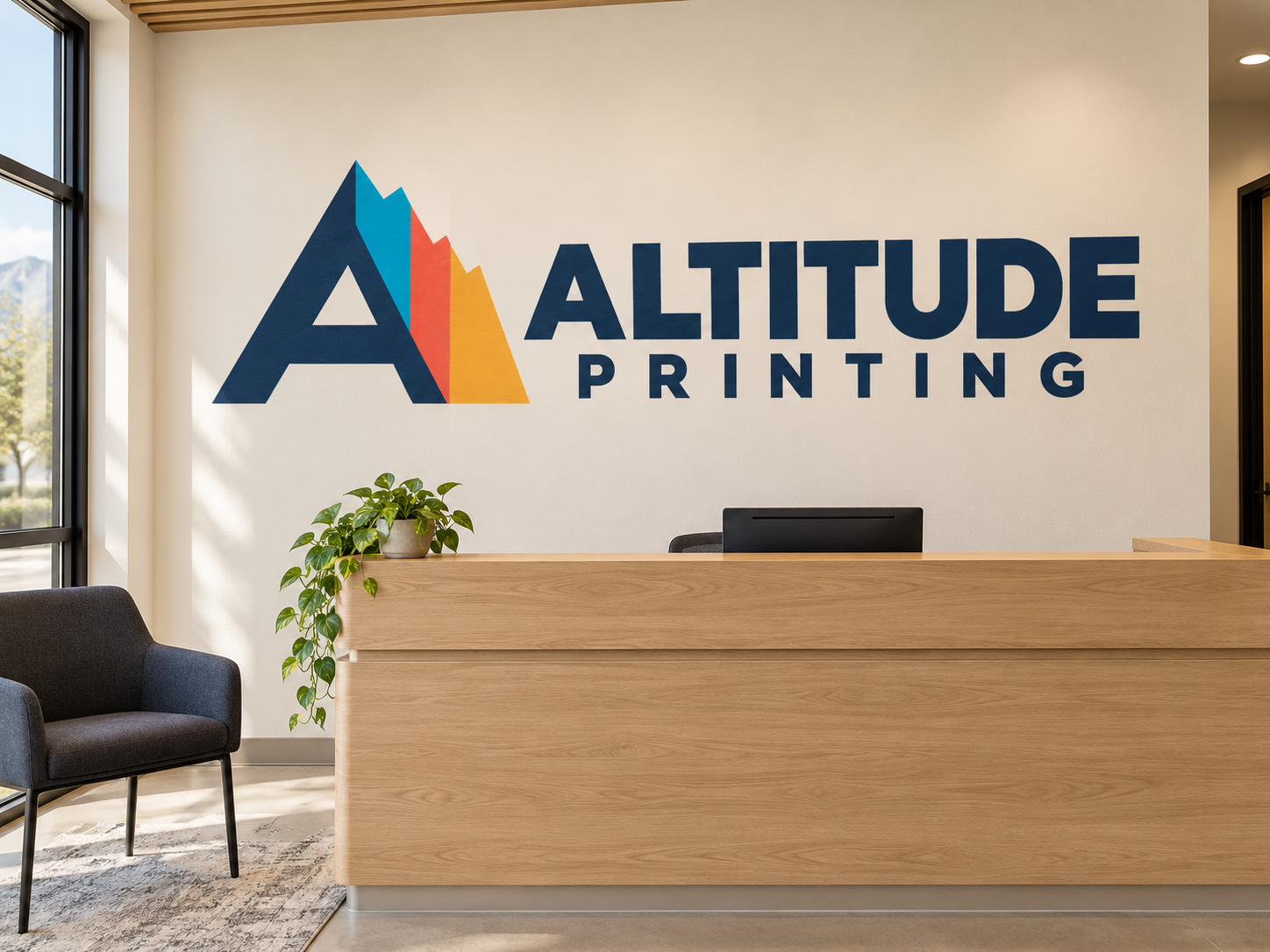 Reception concept with the Altitude Printing logo on the wall behind a wood desk.