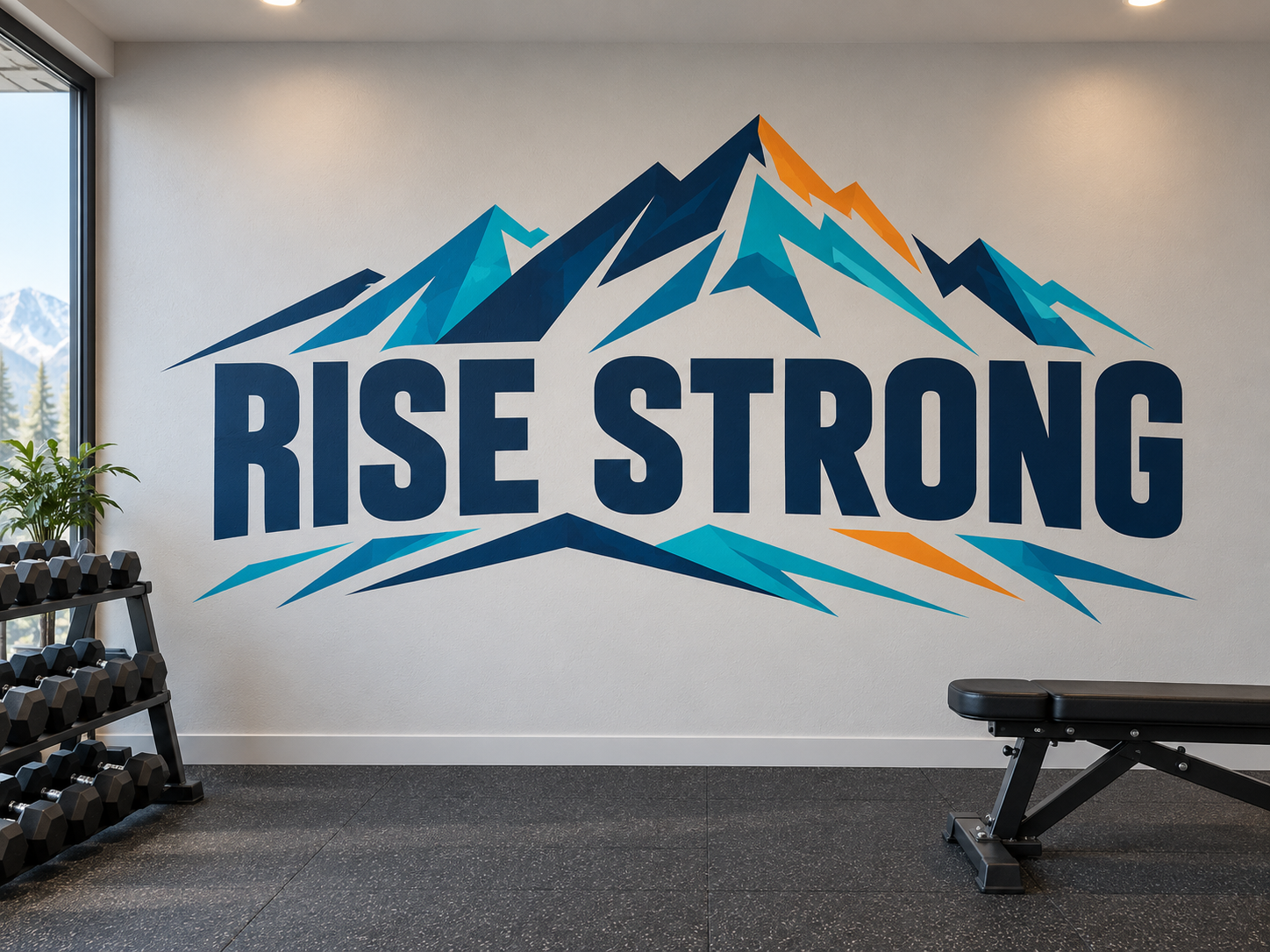 Gym concept with navy and teal mountain graphics and the words RISE STRONG printed on the wall.