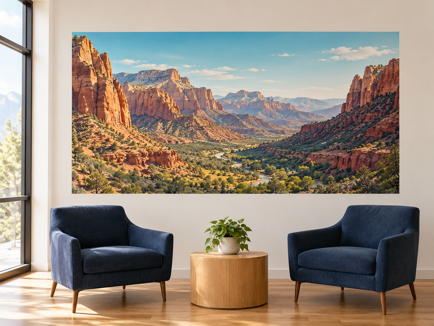 Office lounge concept with a red-rock canyon mural above two navy chairs.