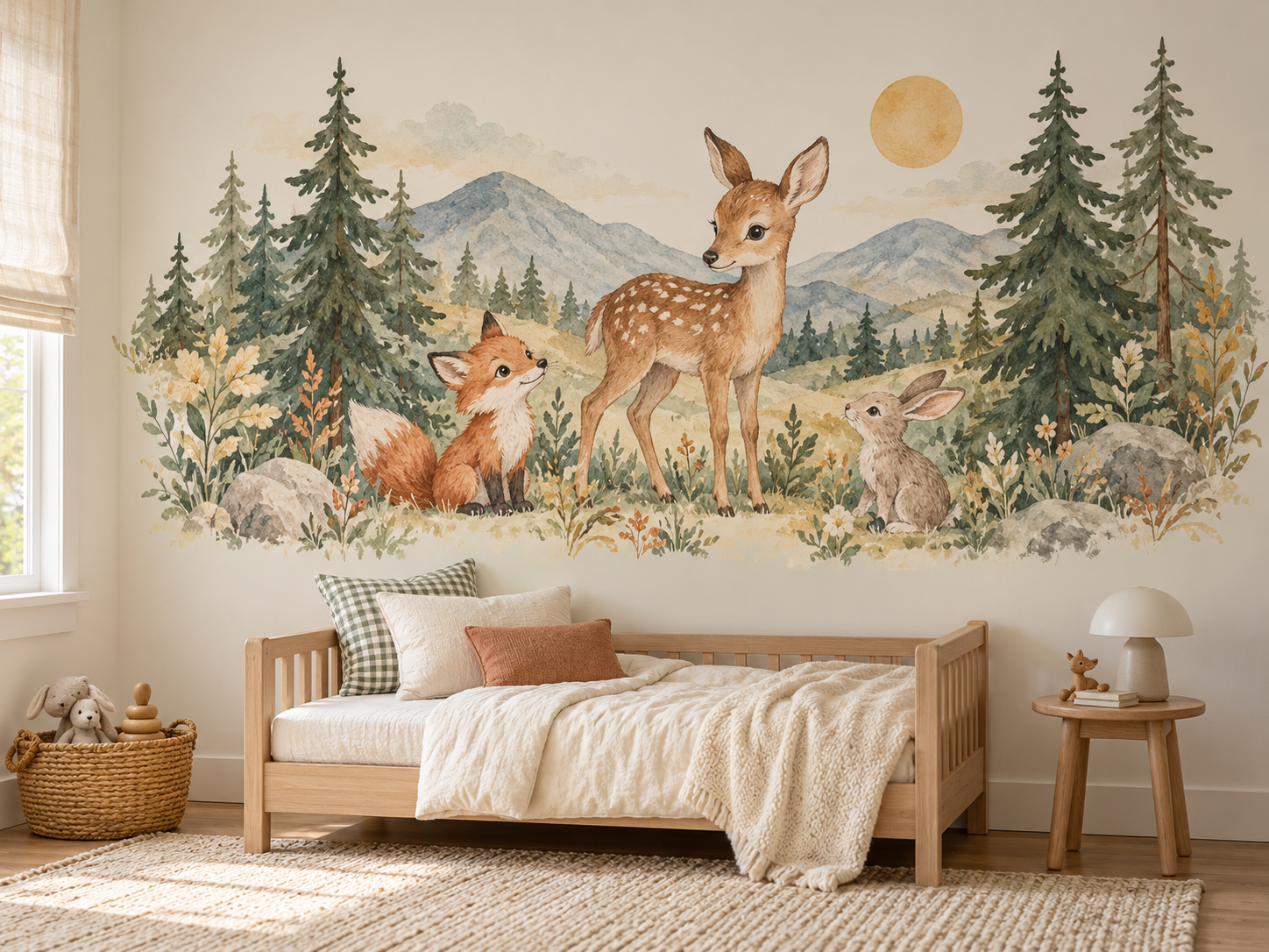 Child's bedroom concept with a woodland mural featuring a fox, deer, and rabbit.